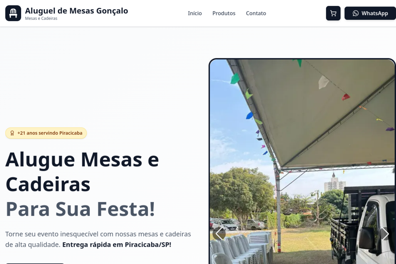Site da Aluguel de Mesas Gonçalo criado pela PiraWebSites